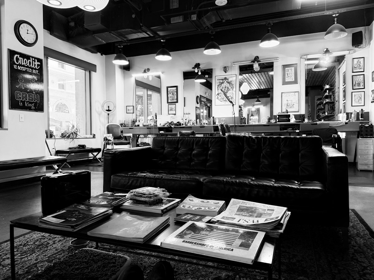 Barbershop interior with chairs and mirrors